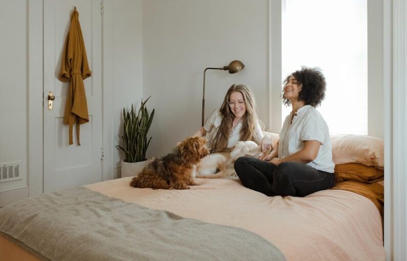 Introducing Pets - woman in white long sleeve shirt sitting on bed beside brown dog